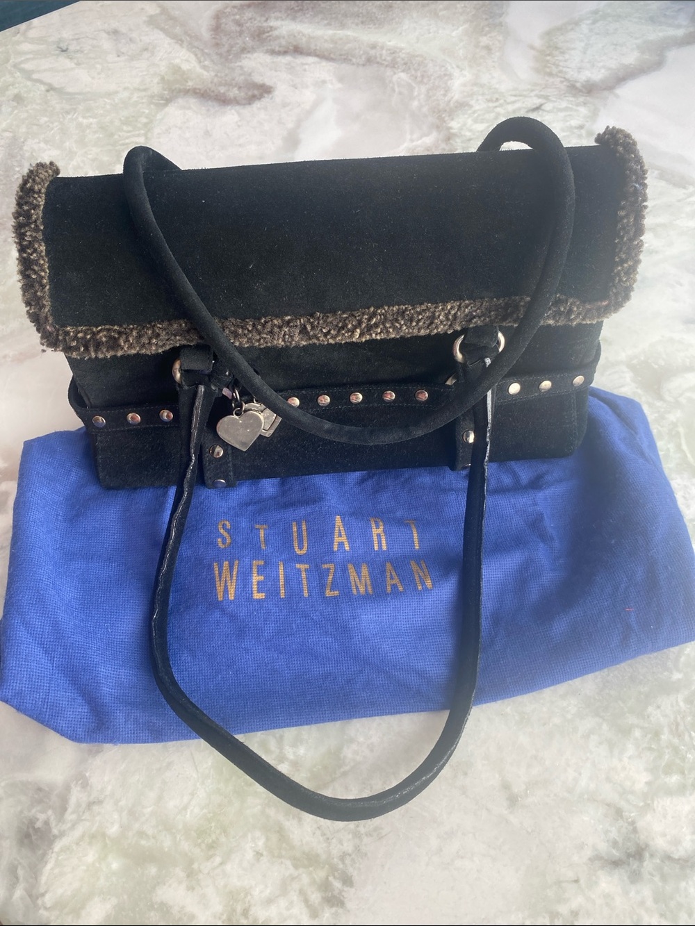 EUC Vintage Stuart Weitzman Black Suede Shoulder Bag with Shearling Trim